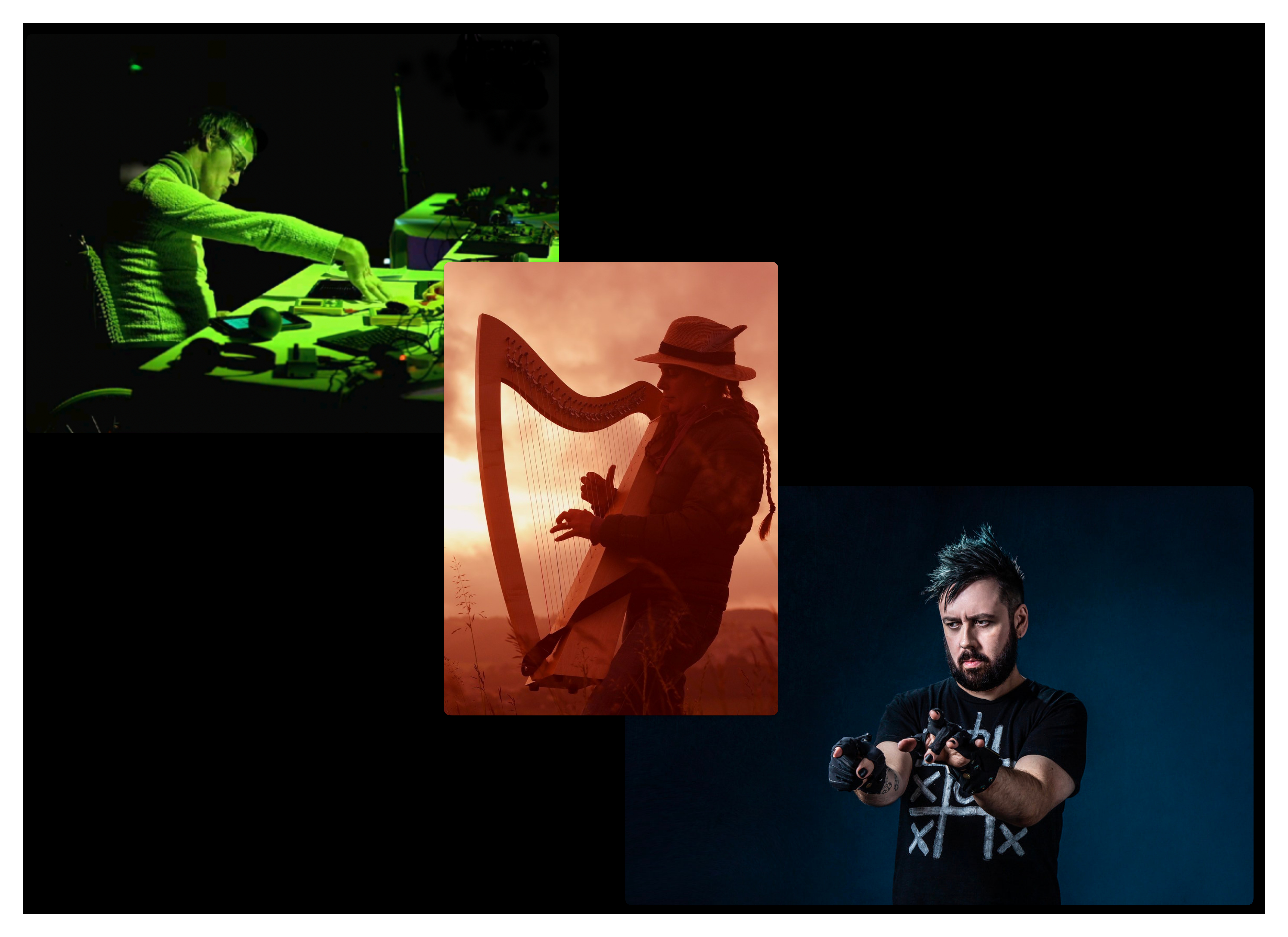 Headshots of Steve, Morwenna and Kris all playing their instruments